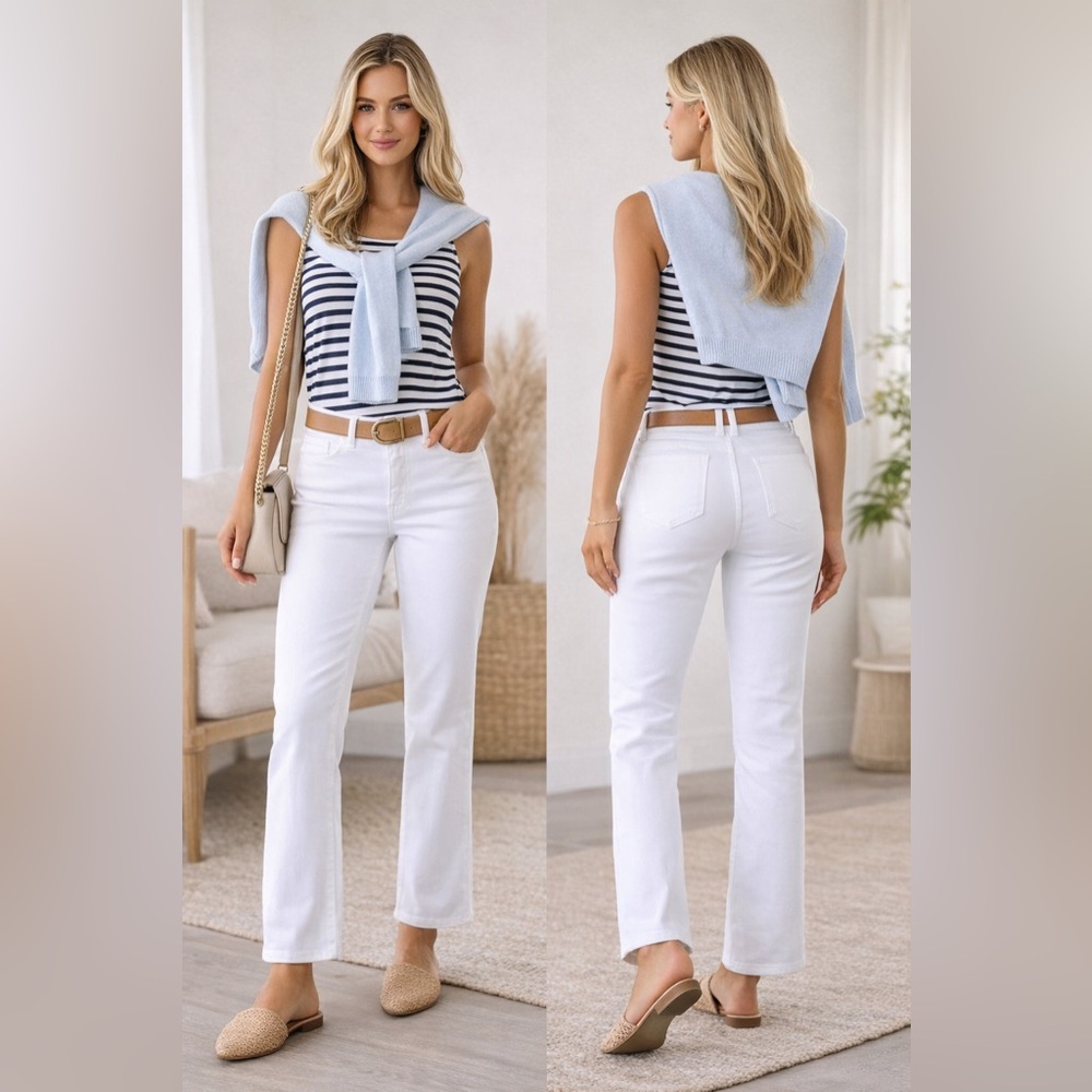 Elliott Lauren White Straight Leg Jeans Cropped Mid Rise Stretch Denim Size 6